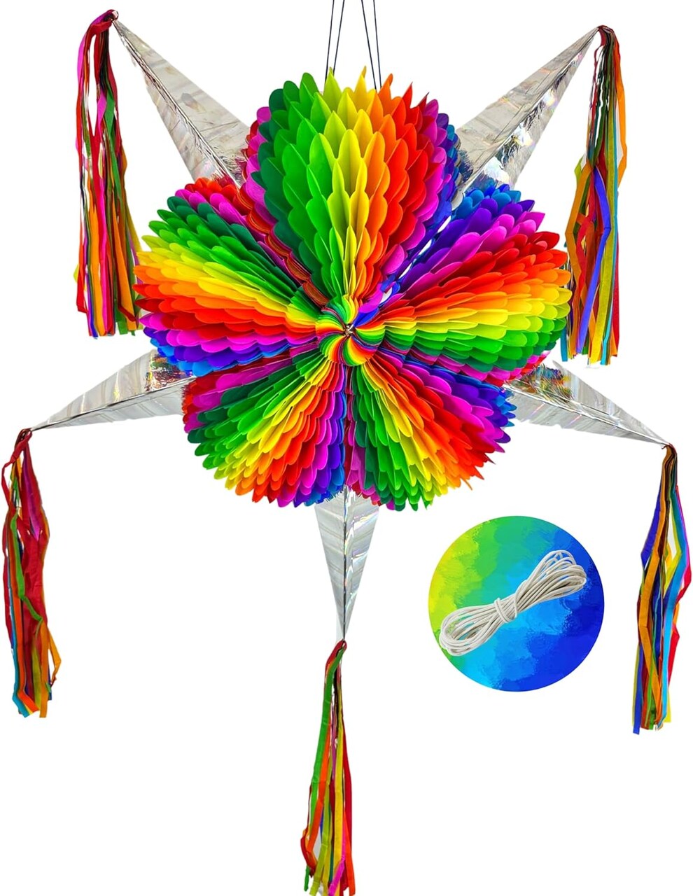 Mexican Star Pinata (33" Jumbo) with 30-ft Rope | Rainbow Mexican Piñata | Large Handmade Piñata for Cinco de Mayo, Birthday Parties, Fiesta Celebrations
